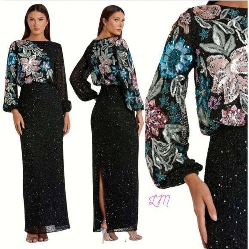 Mac Duggal 5615 Embellished Multi Color Floral High Neck Black Gown Size 4 - Picture 2 of 16